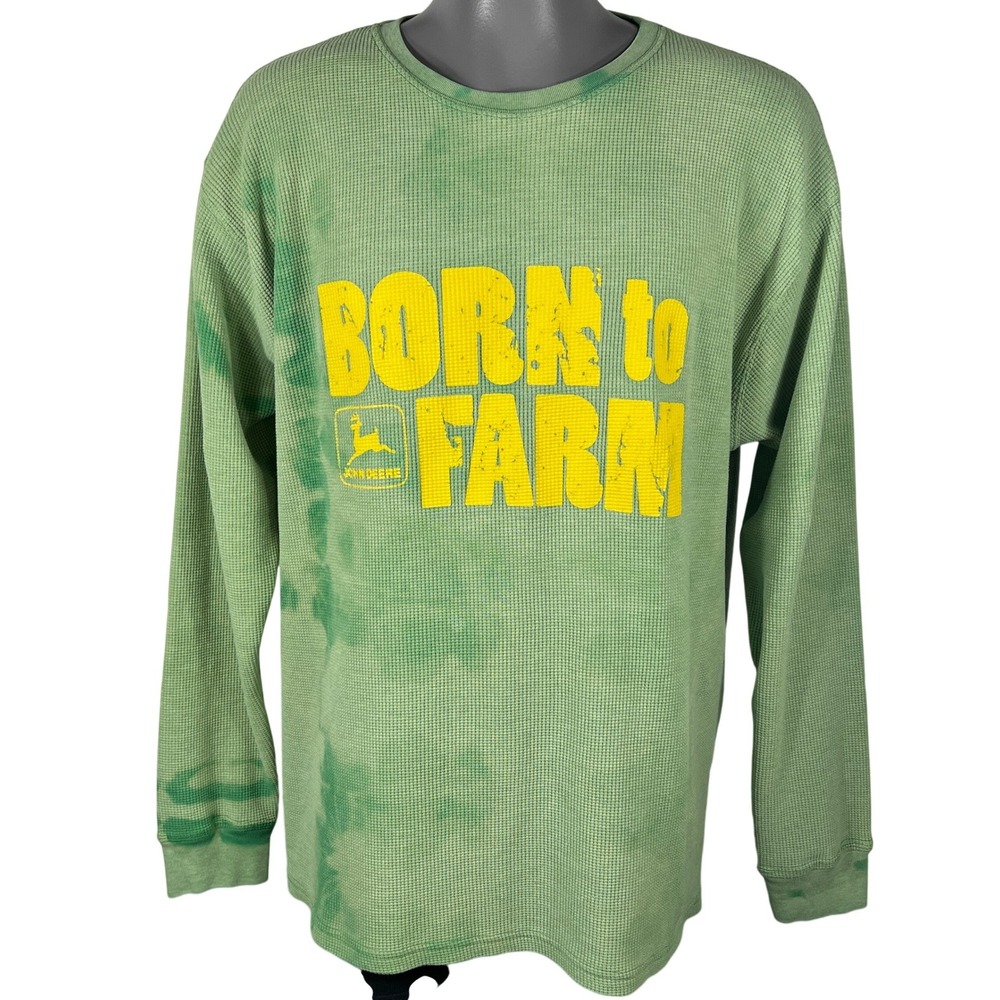 John Deere Thermal Shirt XL Bleach Dye Green Yellow Born to Farm Waffle Knit L/S